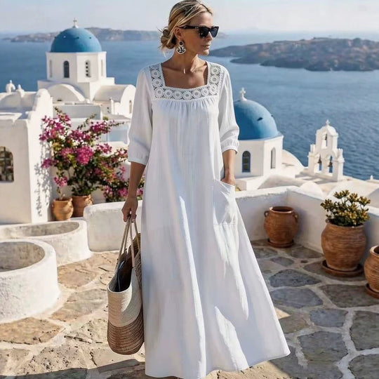 Damen Maxikleid mit gehäkeltem Quadrat-Ausschnitt, dreiviertel Ärmeln und Eingrifftasche Shop Nory