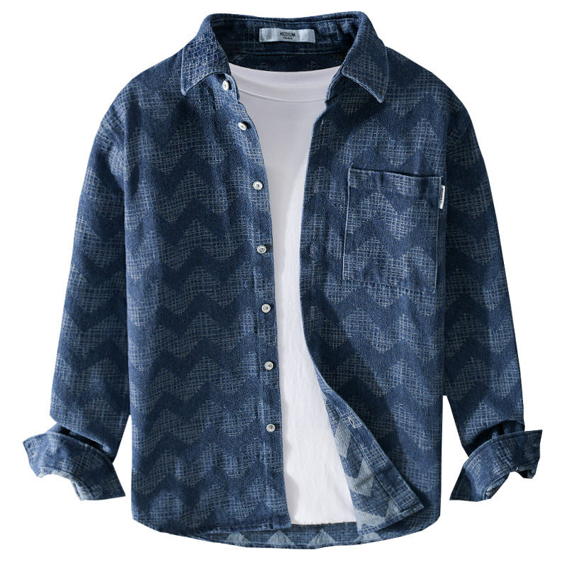 Herren Indigo-Struktur-Overshirt aus gewaschenem Denim mit Zickzack-Jacquard, Kentkragen und Brusttasche Shop Nory