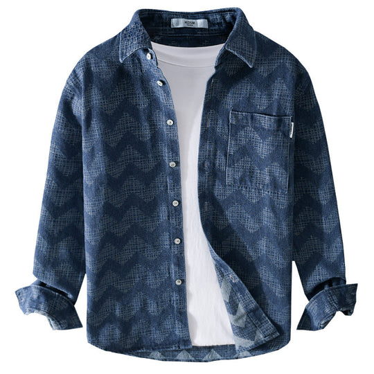 Herren Indigo-Struktur-Overshirt aus gewaschenem Denim mit Zickzack-Jacquard, Kentkragen und Brusttasche Shop Nory