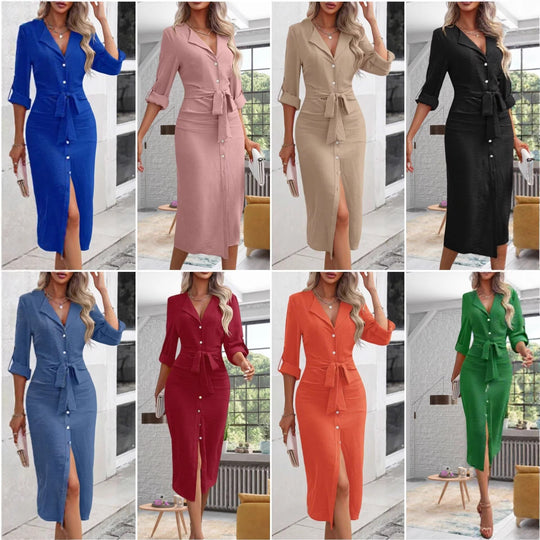Damen Hemdblusenkleid mit Taillengürtel, Umschlagärmeln und vorderem Schlitz Shop Nory
