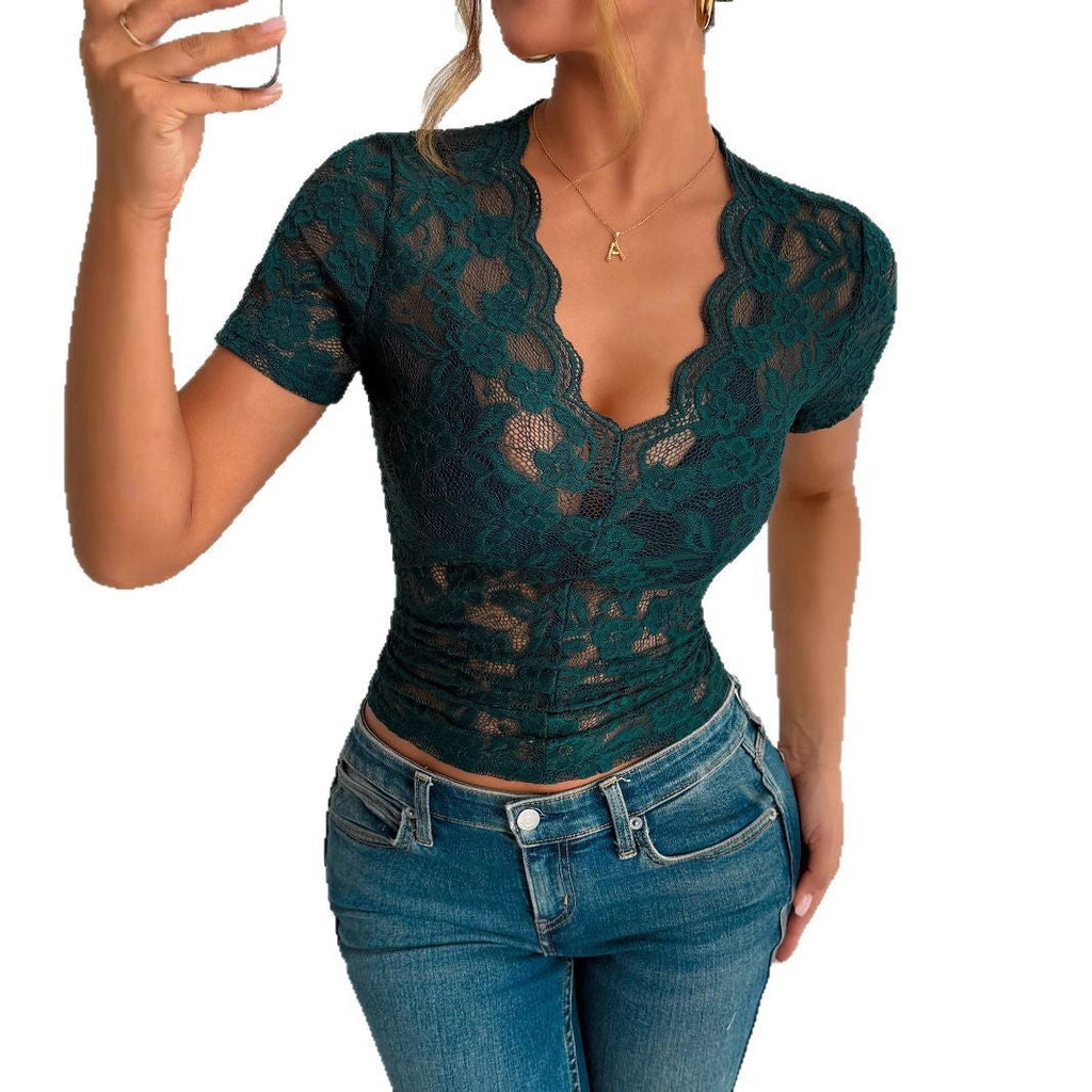 Damen Kurzarmspitzenoberteil mit romantischem Rundhalsausschnitt und figurformendem Design