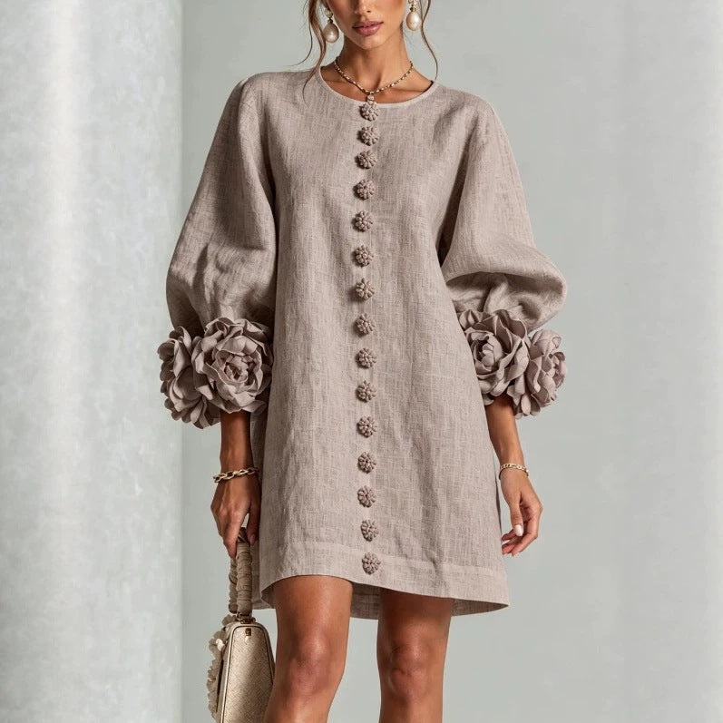 Damen Midikleid mit voluminösen Puffärmeln, 3D-Blütenknopfleiste und Leinenstruktur Shop Nory