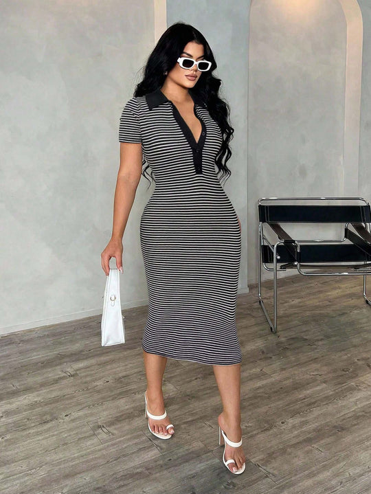 Damen Figurbetontes Polokleid im Streifen‑Look aus Rippstrick mit kurzem Ärmel Shop Nory