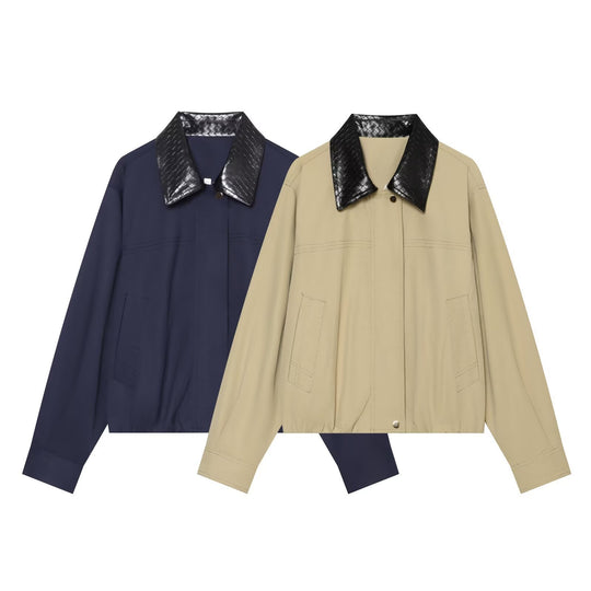 Damen Kurzjacke im Bomberstil mit kontrastiertem geprägtem Kunstlederkragen Shop Nory