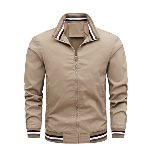 Herren Lässige Bomberjacke aus windabweisendem Nylon mit gestreiften Rippbündchen und Stehkragen Shop Nory