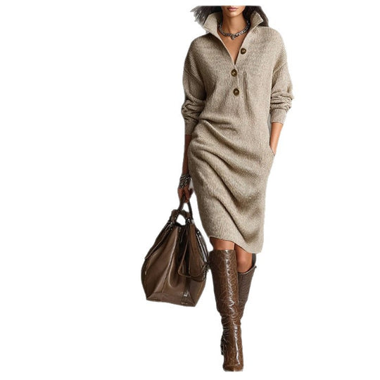 Damen nan gestricktes Pulloverkleid mit Polokragen, Eingrifftaschen und lässiger Passform Shop Nory