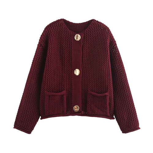 Damen Kurzgeschnittene strukturierte Strickjacke mit goldfarbenen Zierknöpfen und aufgesetzten Taschen Shop Nory
