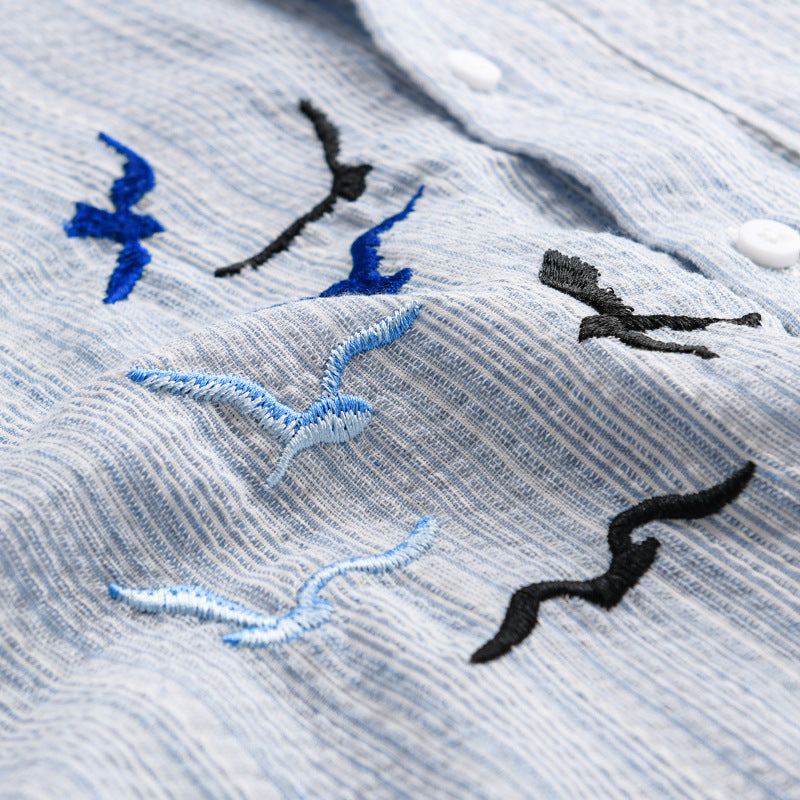 Herren Leichtes gestreiftes Overshirt aus Leinen-Baumwollmix mit Vogelstickerei Shop Nory