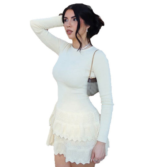 Damen Figurbetontes Strick-Minikleid mit Volantstufen und Langarm Shop Nory