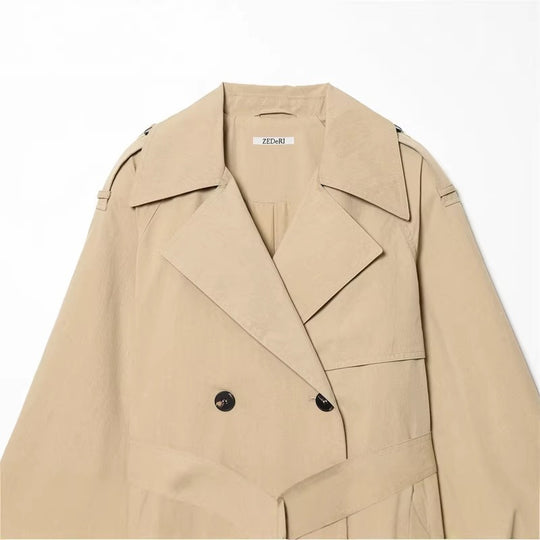 Damen Cropped doppeltreihiger Trenchblazer mit Bindegürtel und Epauletten Shop Nory