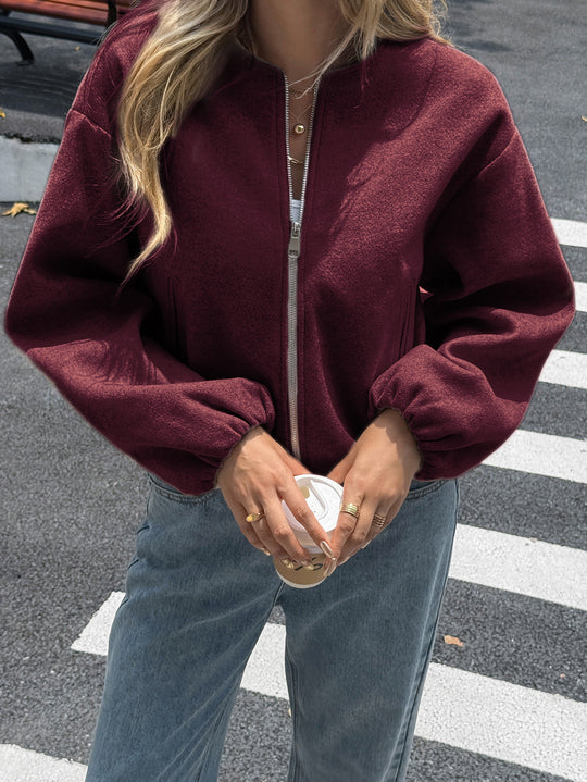 Damen nan kurze kuschelige Bomberjacke mit durchgehendem Reißverschluss, elastischem Saum und verdeckten Eingrifftaschen Shop Nory