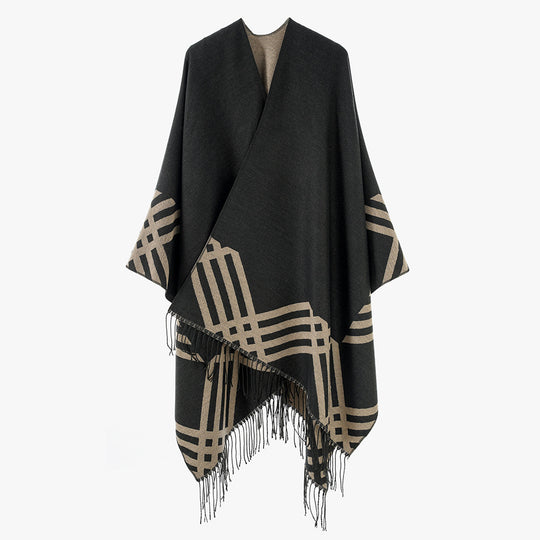 Damen Wollmix-Ruana im Rechteckschnitt mit grafischem Streifen-Jacquard und Fransen Shop Nory