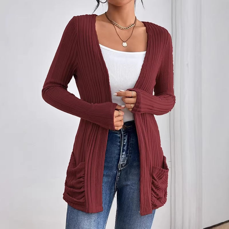 Damen Gerippter Langcardigan mit offener Front, Eingrifftaschen und legerer Passform Shop Nory