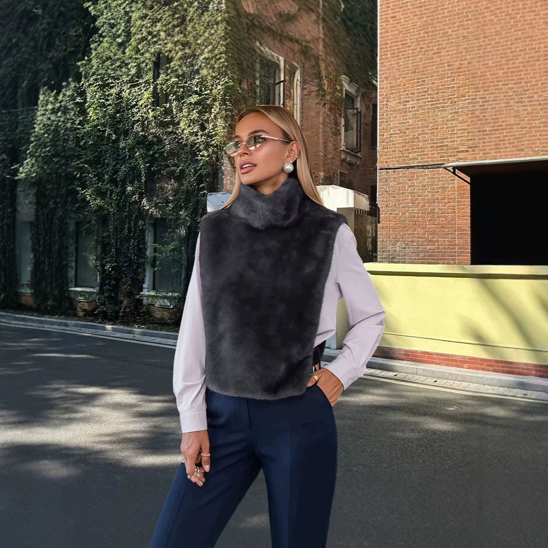 Damen Ärmellose Kunstpelz‑Weste mit hohem Wickelkragen und kurzem Schnitt Shop Nory