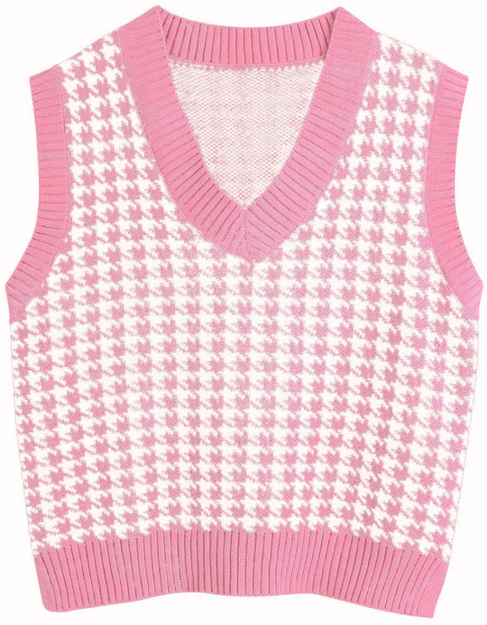 Damen Strickweste mit Hahnentritt-Muster, V-Ausschnitt und geripptem Saum Shop Nory