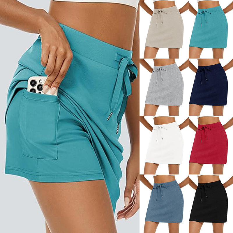 Damen Sportlicher Minirock mit Verstellbarem Kordelzug und Seitlichen Taschen
