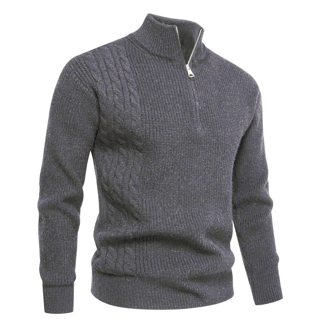 Herren Feinstrick-Halbzip-Pullover mit Stehkragen, Rippstruktur und Schulter-Zopfdetail Shop Nory