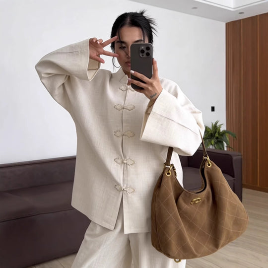 Damen Oversized Mandarinjacke mit Knotenverschlüssen und weitem Arm Shop Nory
