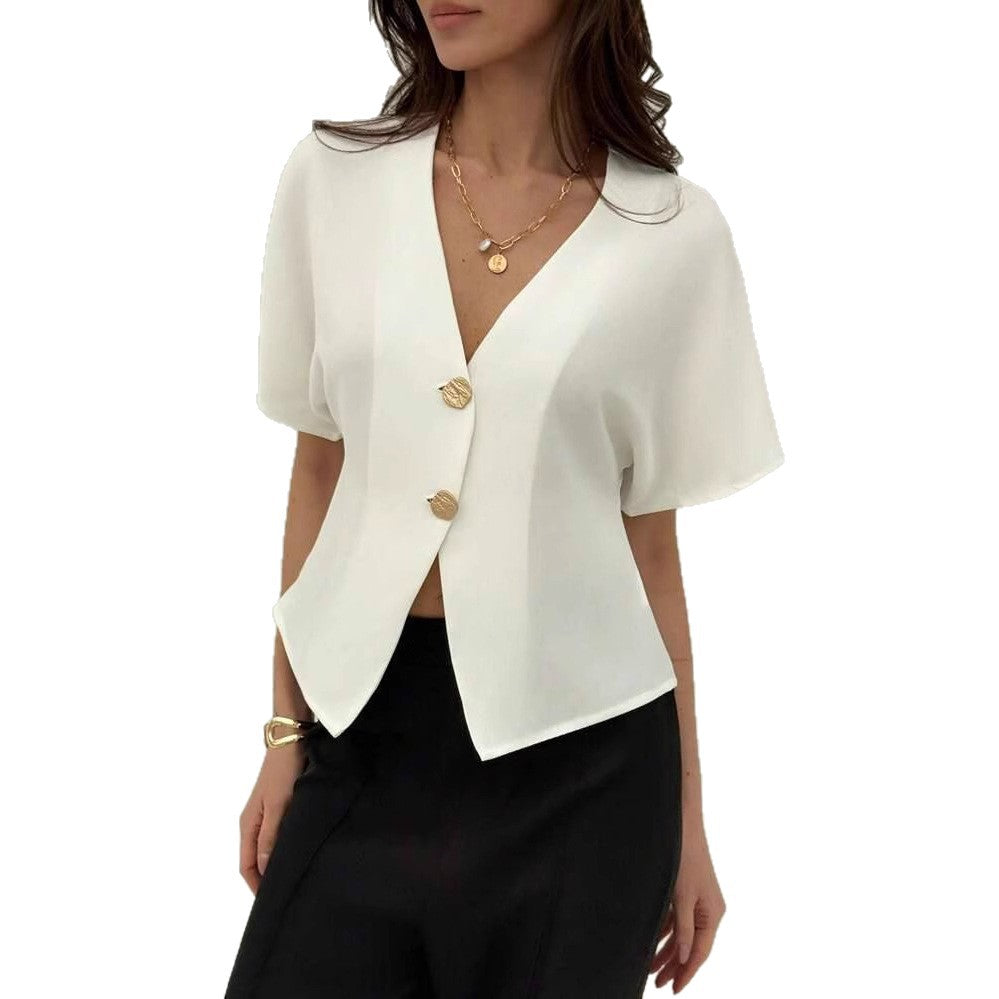 Damen Elegante V-Ausschnitt Bluse mit kurzen Kimonosärmeln und asymmetrischem Saum Shop Nory