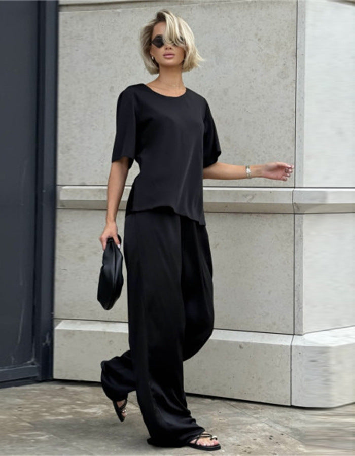 Damen elegantes und fließendes Zweiteiler-Set mit lockerem Oberteil und weiten Hosen Shopnory