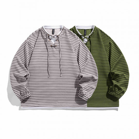 Unisex Gestreifter Oversize-Pullover mit Schnürkragen und Strukturstrick Shop Nory