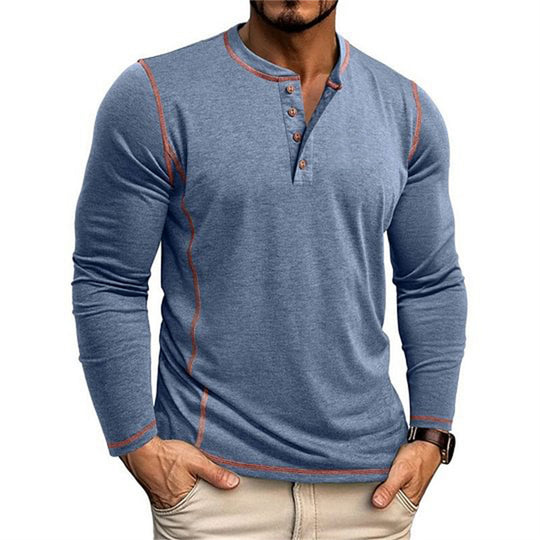 Herren Elastisches Langarm-Henley-Shirt mit Kontrastnähten und Knopfleiste EB