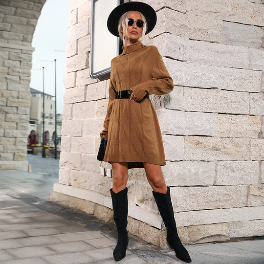Damen Strickkleid mit Rollkragen, Zopfmuster und taillierendem Gürtel Shop Nory