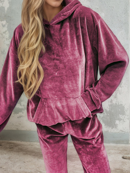Damen Samt-Jogginganzug mit Kapuzenhoodie, Kängurutasche und elastischer Bündchenhose Shop Nory
