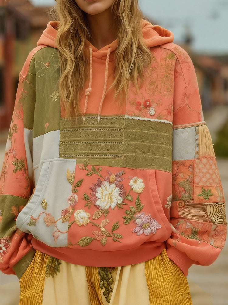 Damen Bestickter Patchwork-Kapuzenpullover mit Blumenapplikation und Kängurutasche Shop Nory