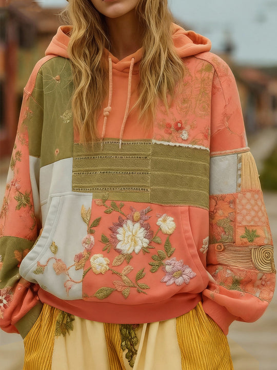Damen Bestickter Patchwork-Kapuzenpullover mit Blumenapplikation und Kängurutasche Shop Nory