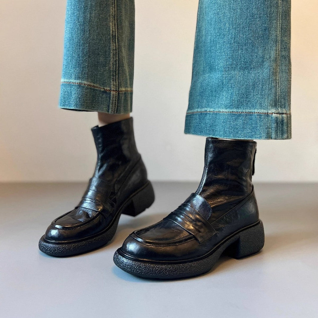 Damen Chunky Ankle Boots mit elegantem Absatz und klassischem Loafer-Design Shopnory