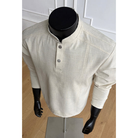 Herren Elegant modernes Langarm-Shirt mit Stehkragen und Knopfleiste Shop Nory