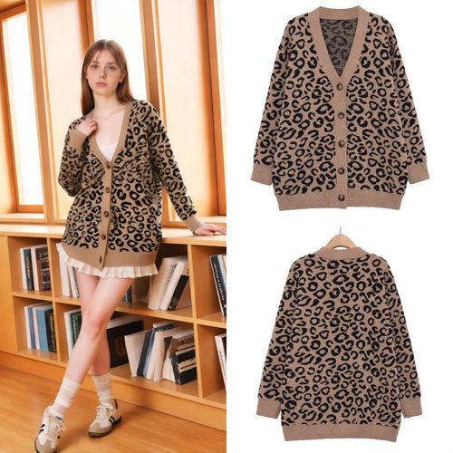 Damen Oversize-Strickcardigan mit Leoprint, V‑Ausschnitt und Knopfleiste Shop Nory