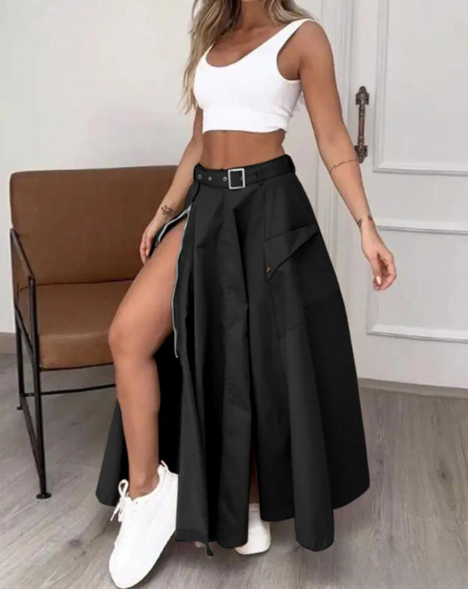 Damen Maxirock mit hohem Beinschlitz, Cargo-Taschen und Taillengürtel Shop Nory