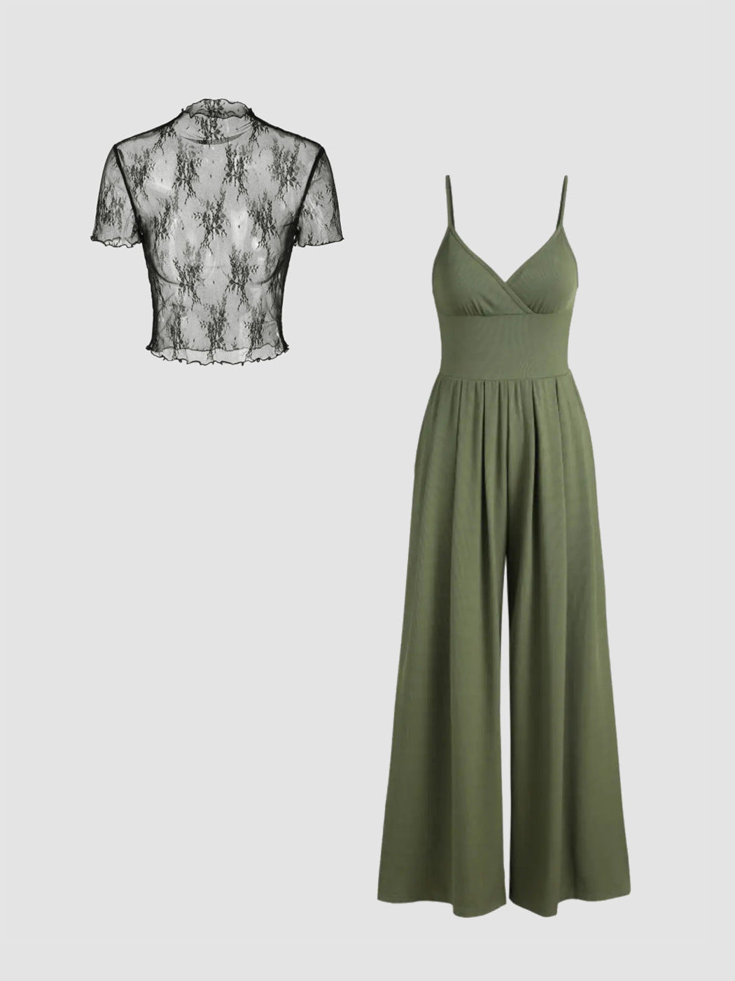 Damen elegantes V-Ausschnitt Jumpsuit mit transparenter Bluse