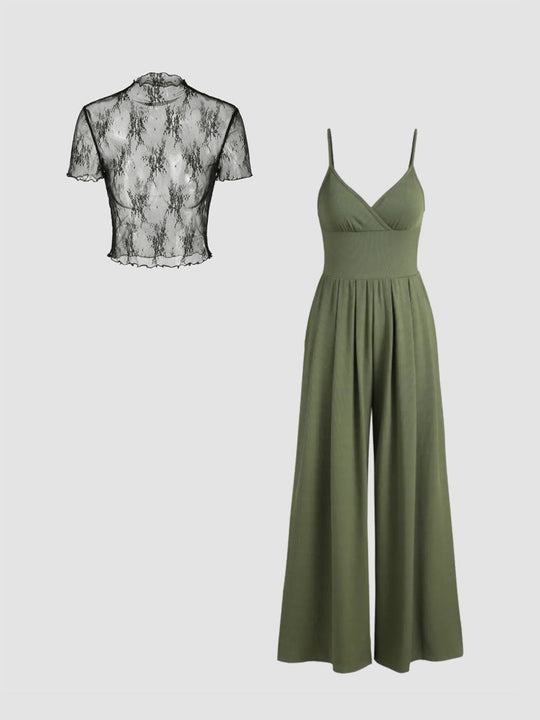 Damen elegantes V-Ausschnitt Jumpsuit mit transparenter Bluse