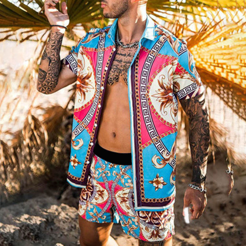Herren nan barockgemustertes Kurzarm-Hemd mit passender locker geschnittener Shorts