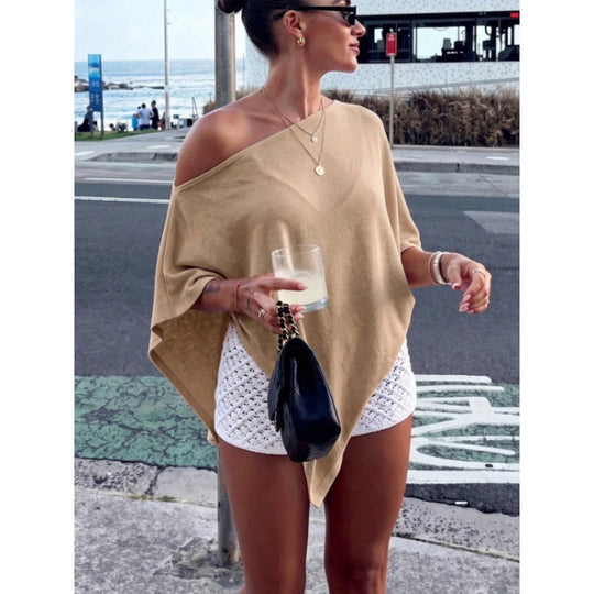 Damen Asymmetrisches Off-Shoulder Poncho-Top aus leichtem Strick Shop Nory