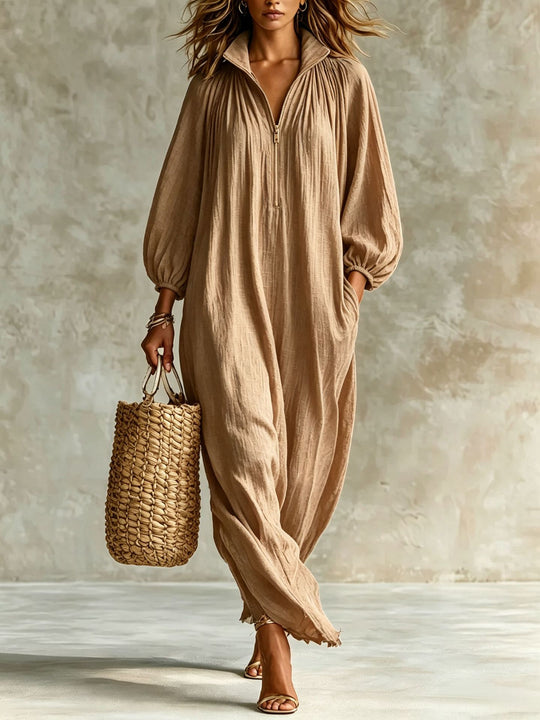 Damen Luftiger Maxi-Jumpsuit mit Ballonärmeln, halbhohem Reißverschluss und Eingrifftaschen Shop Nory