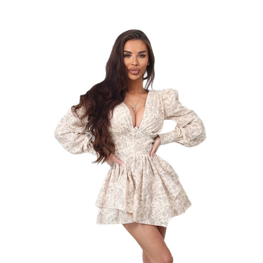 Damen Kurzblumenkleid mit tiefem V-Ausschnitt, taillierter Korsagenpassform und voluminösen Ballonärmeln Shop Nory