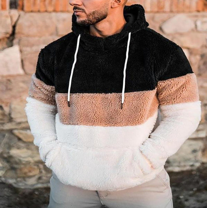Herren Farbblock-Teddy-Fleece Kapuzenpullover mit Kängurutasche und Tunnelzug Shop Nory