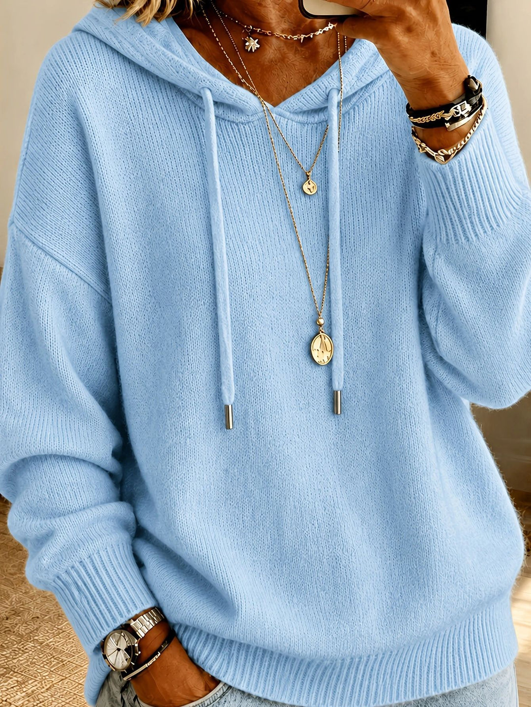 Damen Oversize Kapuzenpullover aus feinem Strick mit Kordelzug und gerippten Bündchen Shop Nory