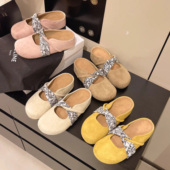 Damen Velours-Mules mit gepolstertem Fußbett und Zierkreuzriemen Shop Nory