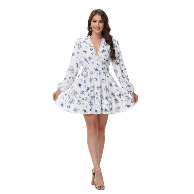 Damen Boho-florales Minikleid mit V-Ausschnitt und Puffärmeln Shop Nory
