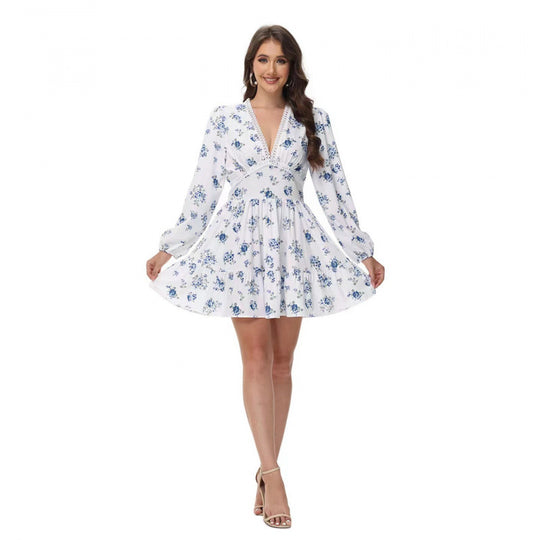 Damen Boho-florales Minikleid mit V-Ausschnitt und Puffärmeln Shop Nory