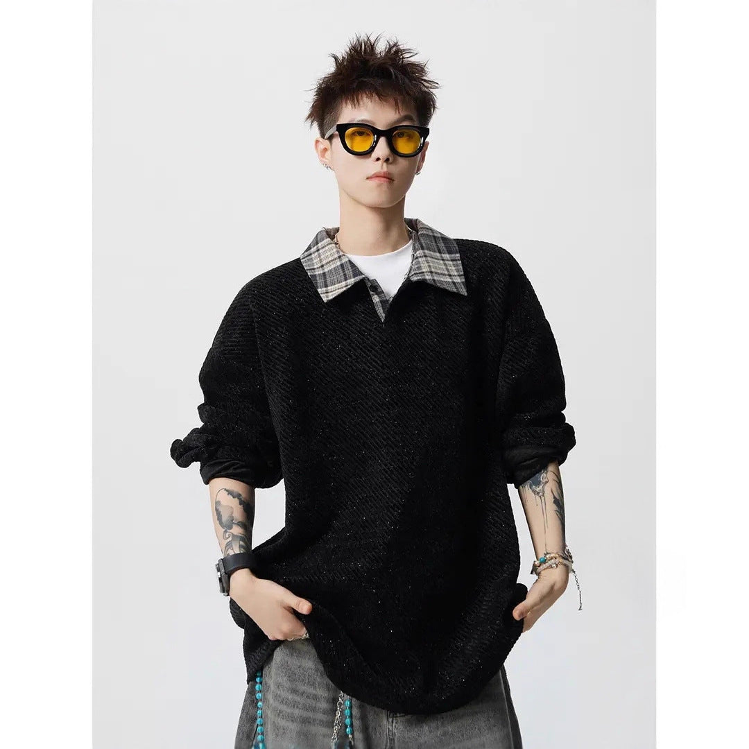 Herren Oversize Strukturiertes Sweatshirt mit Polokragen und diagonaler Strickstruktur Shop Nory