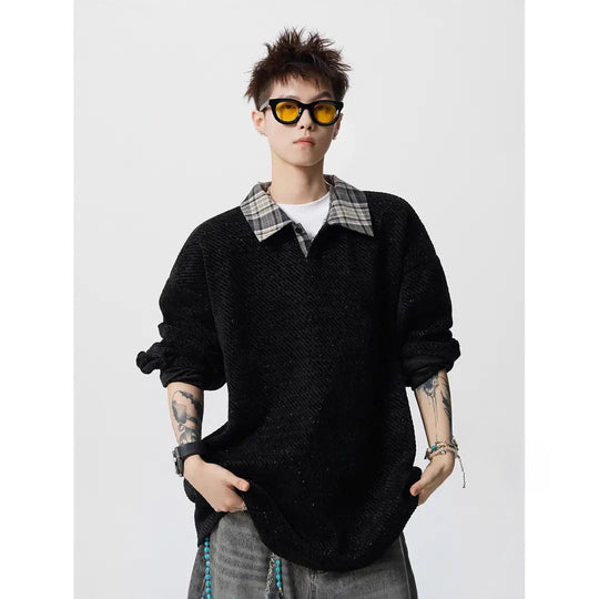 Herren Oversize Strukturiertes Sweatshirt mit Polokragen und diagonaler Strickstruktur Shop Nory