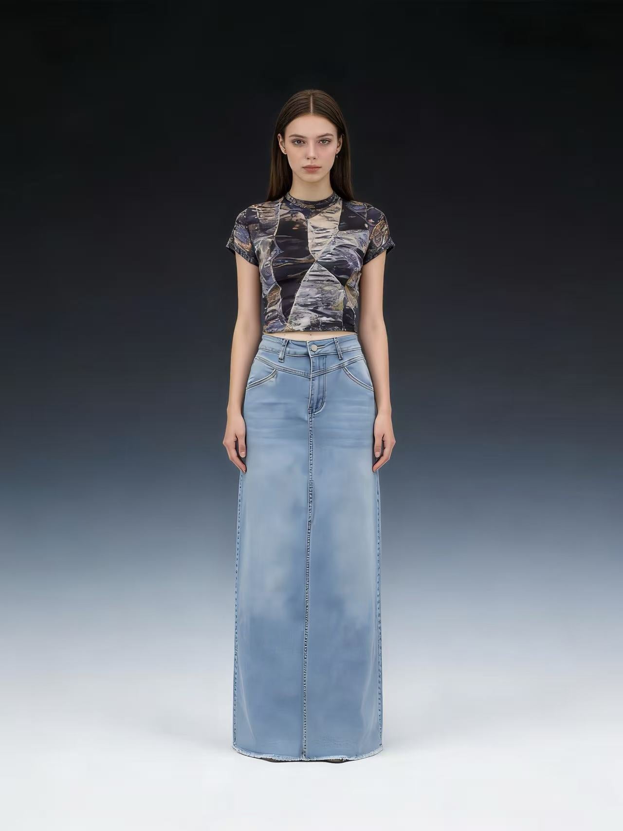 Damen Maxi-Denim-Rock mit hohem Bund und fransigem Saum