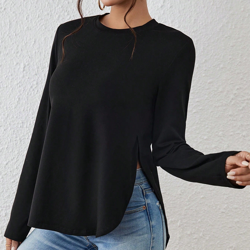 Damen Langarmshirt mit seitlichen Schlitzen, Rundhalsausschnitt und entspannter Casual-Passform Shop Nory