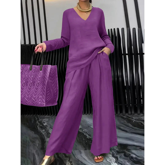 Damen Feiner V-Ausschnitt Strickpullover mit fließender Palazzo-Hose Shop Nory